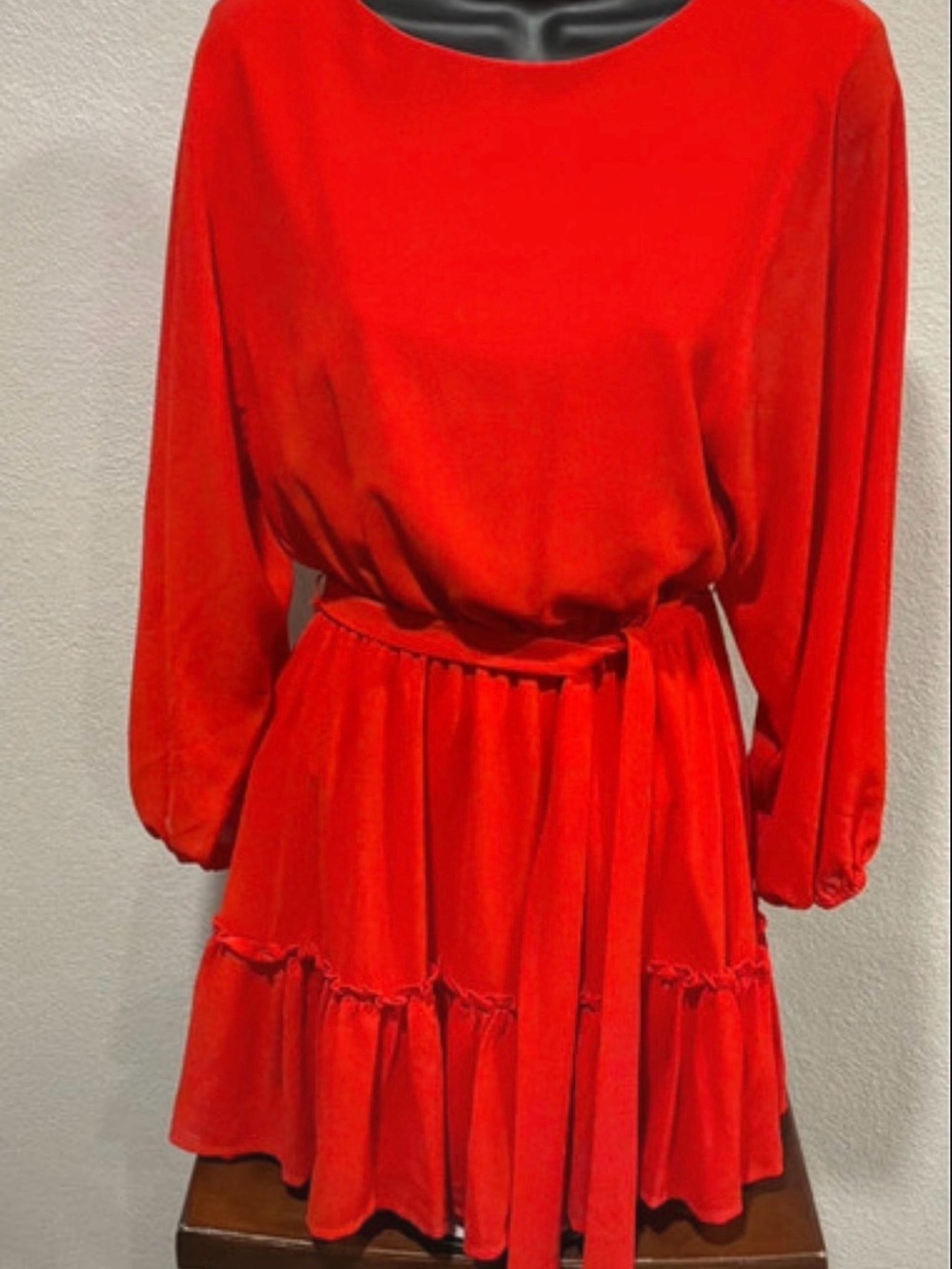 Flying Tomato Red Long-Sleeve Tiered Waist Tie Dress